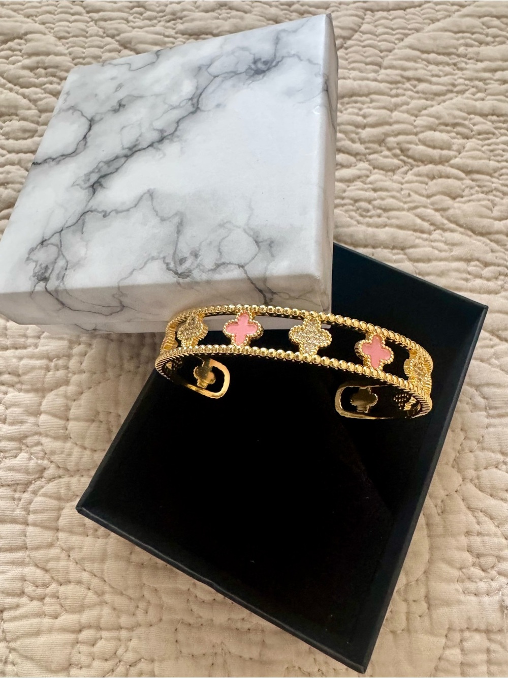 Gold & Pink Clover Cuff Bracelet - Women's Jewelry